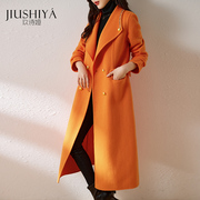 玖诗娅橘色冬高端羊毛大衣女，中长款橙色名媛显瘦双面羊毛呢子外套