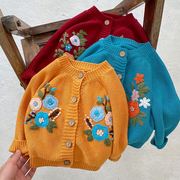 韩版童装婴儿毛衣外套，女宝宝秋冬装针织开衫复古手工，绣花洋气上衣