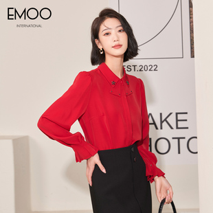 EMOO杨门通勤红色长袖双领衬衫女秋季宽松喇叭袖气质小衫