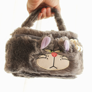 少女日系灰色猫咪 化妆包大容量收纳包杂物包 便携旅行毛绒绒