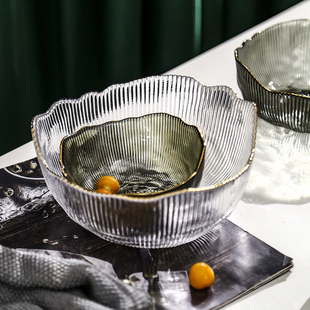 日式竖纹不规则金边玻璃碗透明沙拉碗家用水果碗餐具网红甜品碗盘