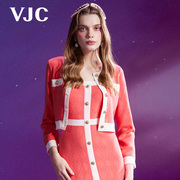 VJC/威杰思2024春夏女装撞色针织衫圆领短外套小香粉色开衫