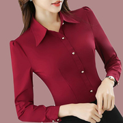 酒红色女衬衫长袖修身显瘦职业装大妈工作服韩版泡泡袖打底衫