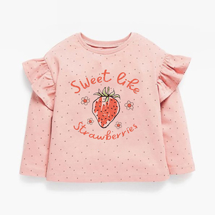 女童草莓长袖t恤粉红色上衣，儿童纯棉春秋装宝宝，木耳边打底体恤衫6