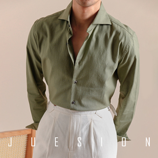 JUESION 春夏季透气一字领衬衫男长袖纯色意式休闲棉麻温莎领衬衣