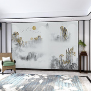 现代中式客厅山水装饰壁画素雅电视背景墙纸，金色壁布酒店大厅墙布