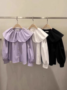 韩国法式高级感娃娃领衬衫女2024设计感小众，荷叶边紫色灯笼袖上衣