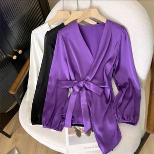 v领绸缎上衣轻熟紫色，早秋绑带衬衫春季法式收腰设计小众衬衫
