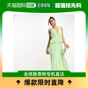 香港直邮潮奢 ASOS 女士设计深V褶裥层叠绿色中长连衣裙(sage)