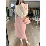 春秋季韩系简约甜美风，衬衫搭配针织上衣，+粉色直筒半身裙三件套装