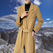 驼色双面羊绒大衣女系带长袖中长款绵羊毛呢外套秋冬修身型韩版