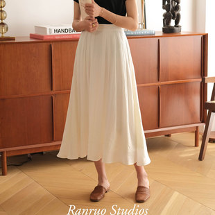 RANRUO然若 高腰白色半身裙女夏季中长款网纱裙小个子内衬雪纺裙