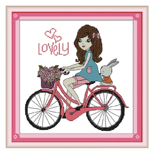 小幅现代中式精准印花十字绣卧室玄关棉线装饰画骑自行车的女孩子