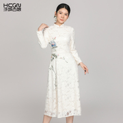 蕾丝秋季中国风精致刺绣花简洁优雅显瘦长袖，立领女显瘦蕾丝连衣裙