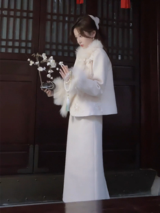 新中式国风高级感套装女冬季小香风羽绒内胆，毛呢外套半身裙两件套