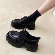 品牌黑色小皮鞋女英伦风2024春季复古单鞋圆头增高系带乐福鞋