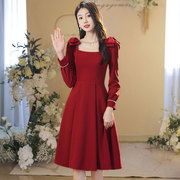 高端敬酒服新娘秋季红色小个子拼接钉珠礼服裙平时可穿长袖连衣裙