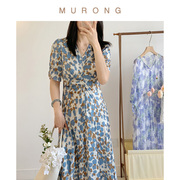 蓝椰拿铁重磅22姆米真丝素绸缎法式捏褶连衣裙，优雅印花短袖长裙