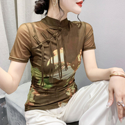 中国风夏装网纱盘扣，印花短袖t恤女修身显瘦气质，洋气别致上衣