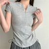 韩版运动风纯色圆领修身隐形拉链短袖T恤春夏港风小众气质上衣女