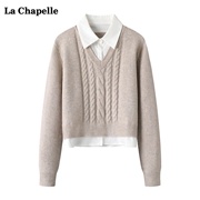 拉夏贝尔/La Chapelle衬衫拼接领毛衣女秋冬假两件针织衫上衣