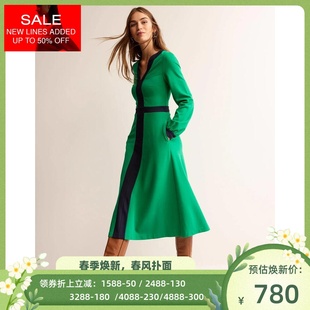 unicloset长袖连衣裙绿色，v领中长一步裙，优雅英伦风气质百搭显瘦