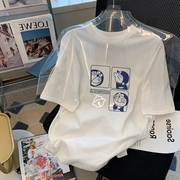 夏季卡通哆啦A梦机器猫白色印花T恤女2022纯棉宽松夏装短袖上衣潮