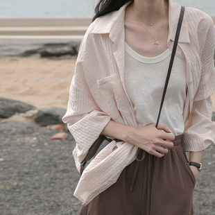 韩国早春防晒棉麻衬衫外套，气质长袖上衣，设计感小众衬衣女款