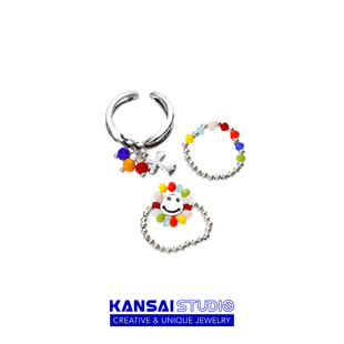 kansai小众彩珠笑脸戒指，三件套可调节甜酷女生，指环个性可爱手饰品