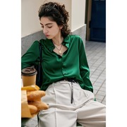 法式绿色高级感醋酸缎面衬衫女士春秋设计感小众衬衫洋派上衣