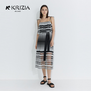 K KRIZIA 设计感黑白条纹压褶性感透视吊带连衣裙