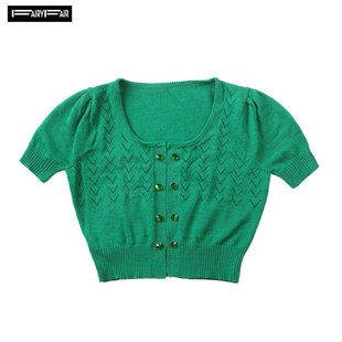 fairyfair深绿色纯羊毛双排，扣订钻短袖开衫，毛衣外套外搭