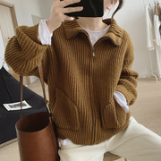 韩国立领毛衣开衫外套女冬季宽松显瘦简约坑条长袖拉链羊毛针织衫