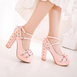 洛丽塔单鞋女日系甜美高跟绑带蕾丝花边粉色蝴蝶结可爱粗跟女鞋子