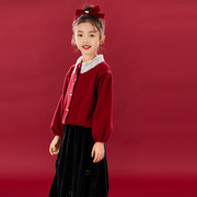 女童冬季甜美套装娃娃，领2023中大童简约针织毛衣百褶裙两件套
