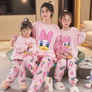 亲子睡衣一家三口装母女卡通，加绒加厚冬季珊瑚绒法兰绒儿童家居服