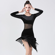 拉丁舞服装女成人，南韩绒流苏舞蹈表演性感，网纱拼接连衣裙