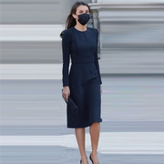 王妃同款2023欧洲站秋高端气质圆领长袖修身连衣裙包臀裙职业优雅