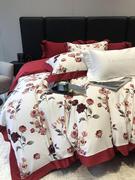 100支长绒棉四件套家用结婚床上用品红色，喜庆玫瑰花纯棉全棉被套