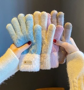 拼色护手套冬季加厚防寒保暖毛绒，双层触屏分指针织手套女冬季韩版