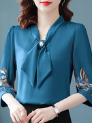 杭州重磅大牌真丝衬衫，女2023春款洋气质，中年蝴蝶结桑蚕丝上衣