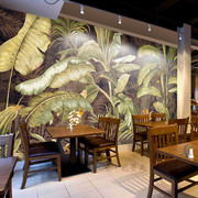 手绘东南亚热带树林植物壁纸芭蕉叶油画餐厅壁画客厅卧室背景墙纸