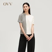 ovvoutlet女不对称拼接格纹荷叶领微开叉下摆，短袖t恤女