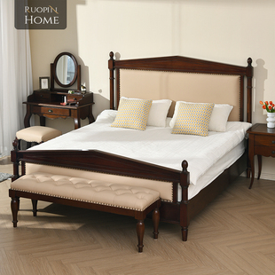 美式复古实木双人床1.8米大床家具橡木婚床软包床