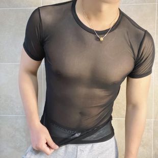 2022-情趣款网纱材质，紧身纯色t恤男士，透气夏季性感运动短袖