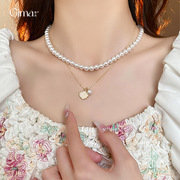 真金电镀贝母珍珠贝壳吊坠叠戴项链，韩国气质锁骨，链法式高级感项饰
