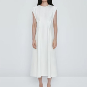 西班牙 女装 春夏打褶缝线设计感收腰显瘦气质白色无袖连衣裙
