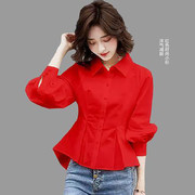 2022春秋洋气红色小衫女士衬衫前短后长衬衣设计感小众上衣雪纺衫