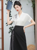 2024夏款水墨印花上衣，搭配黑色三涧裙女新中式，设计感交叉领白衬衫