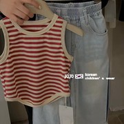 韩版童装女童条纹背心，2024夏装儿童，时髦无袖吊带上衣宝宝t恤